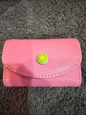 Coach Pink Leather Snap Card Case with Yellow Logo Button